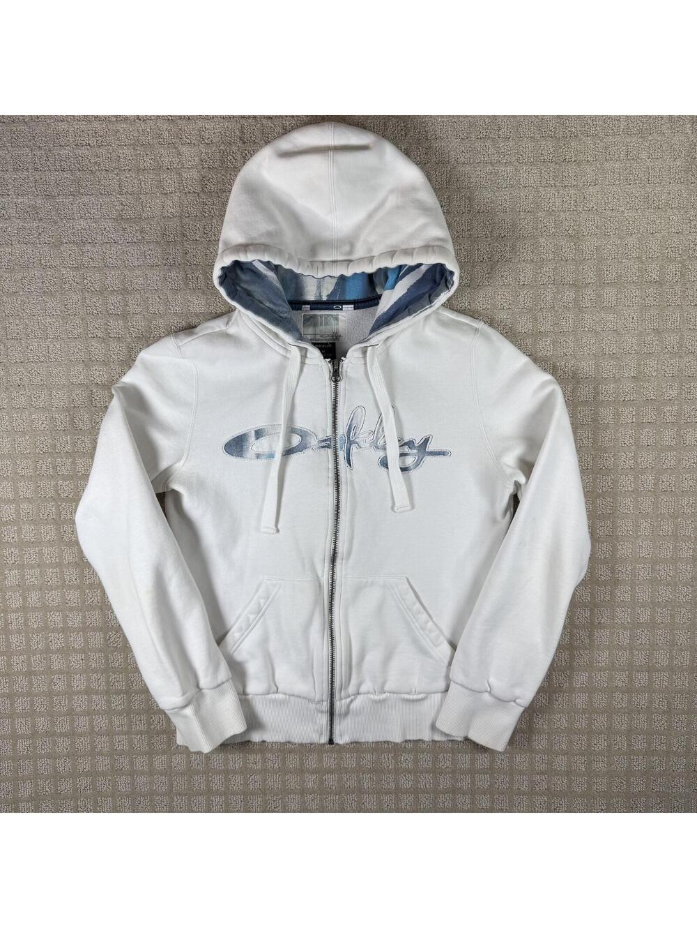 Y2K Oakley Spell Out Zip Hoodie Womens Medium White